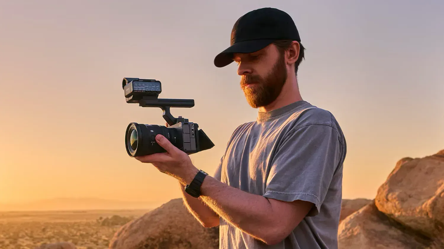 A man filming with the sony FX5 mirrorless camera