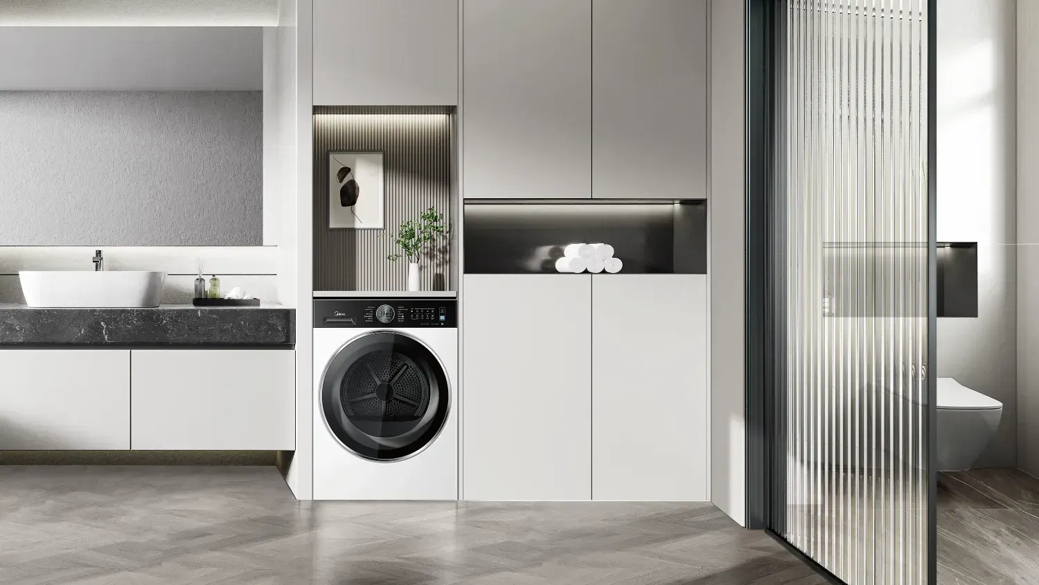 The Midea 210 dryer in an elegant bathroom
