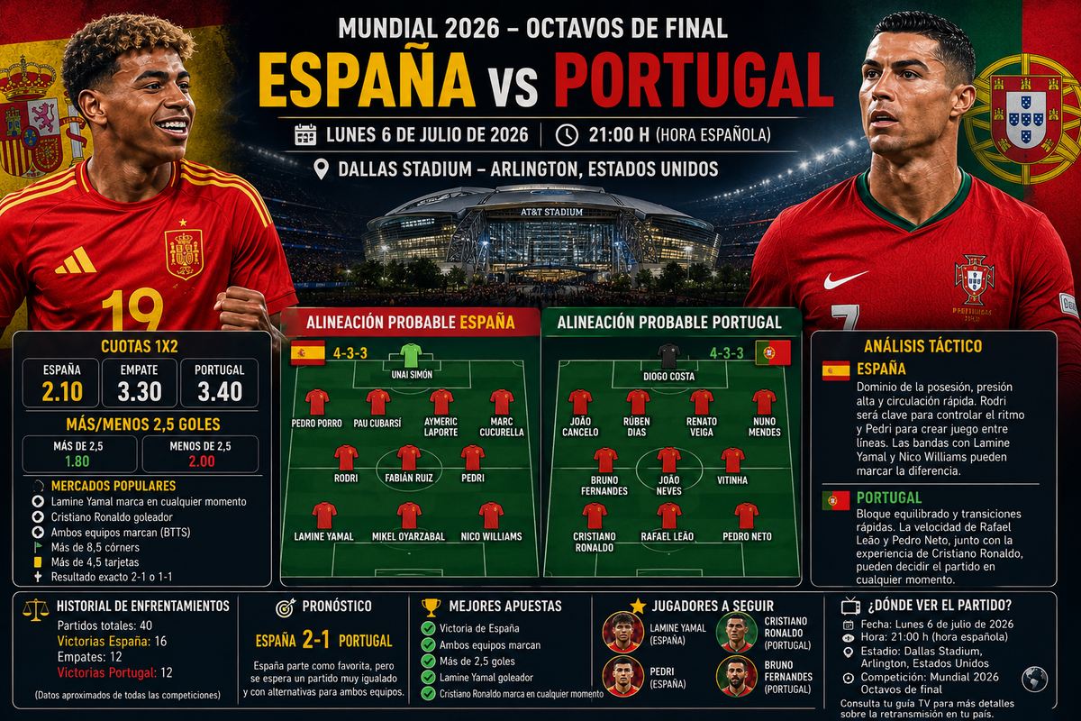 España vs Portugal: pronóstico, cuotas, alineaciones probables y horario del partido (6 de julio de 2026)