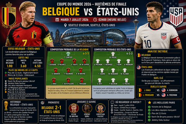 Belgique – États-Unis : pronostic, cotes, compositions probables et heure du match (7 juillet 2026)