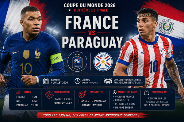 France – Paraguay : cotes, pronostic, compositions probables et heure du match (4 juillet 2026)