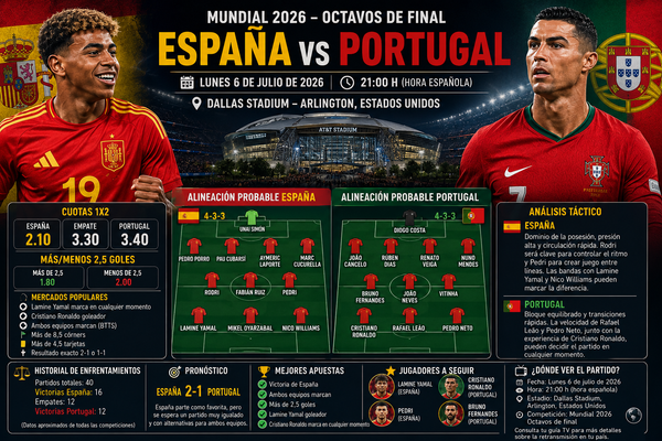 España vs Portugal: pronóstico, cuotas, alineaciones probables y horario del partido (6 de julio de 2026)