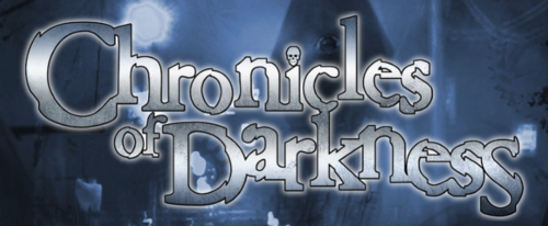 Image of the Chronicles of Darkness logo against a grey-blue & navy backdrop reminiscent of moonlight over darkened rooftops. The text is glitchy and looks like silver metal.