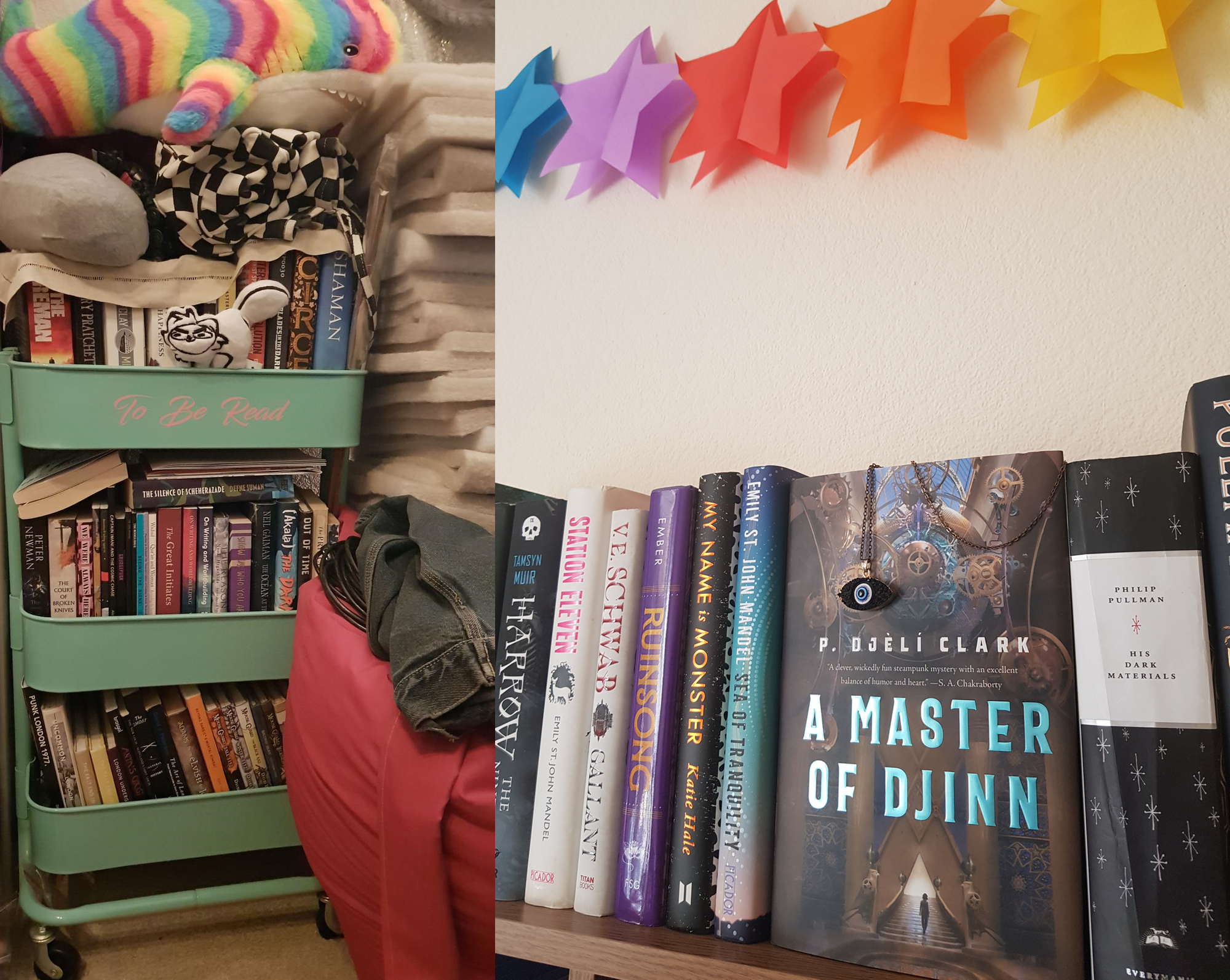 A photo of a turquoise cart with 'To Be Read' on it in elegant pink script. It is overloaded with books & a rainbow Blähäj. The accompanying pic is of a neat line of hardbacks with rainbow star bunting above.