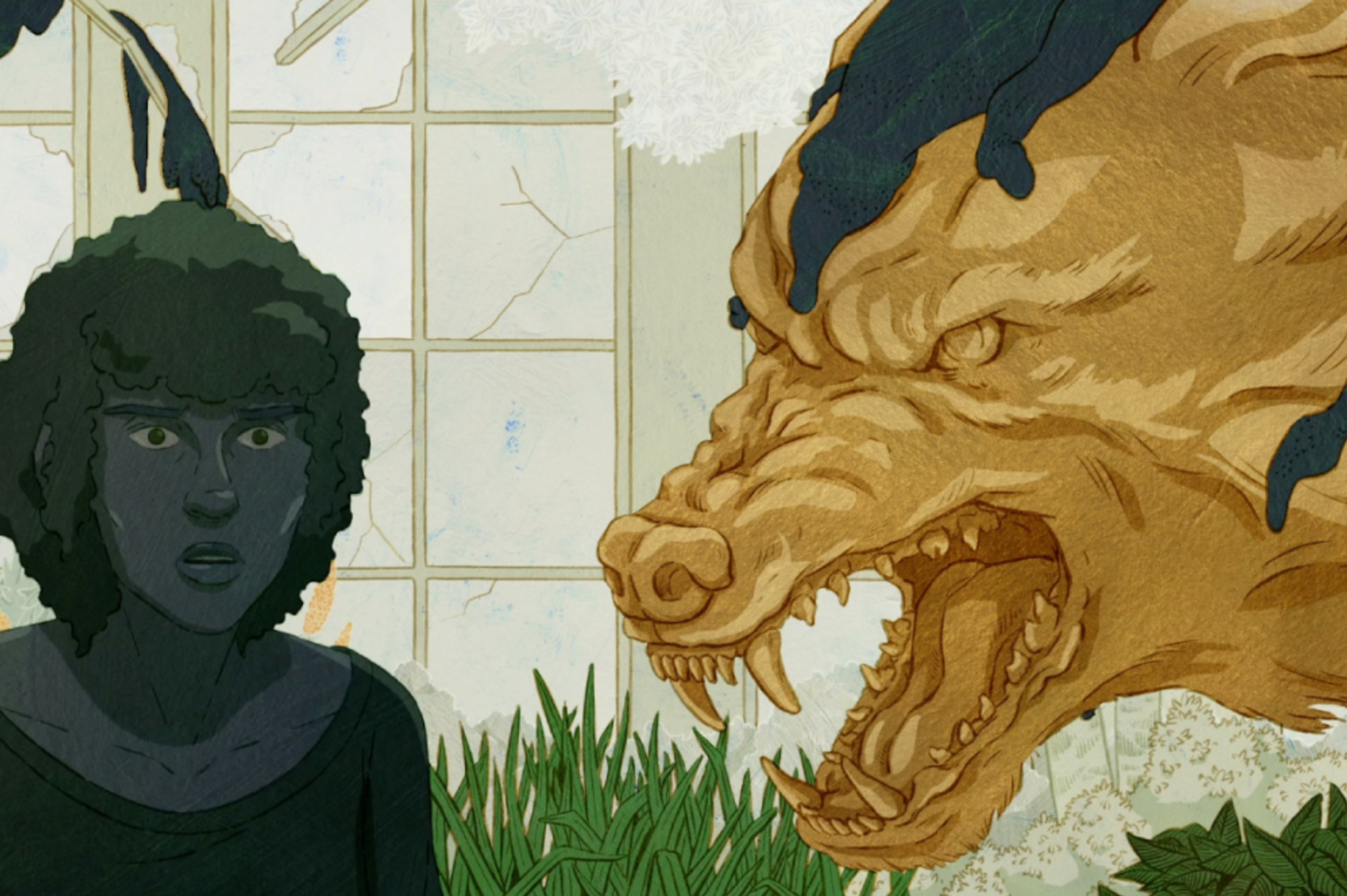 A woman with darker skin and curly short afro stands hesitantly in a lush greenhouse across from a statue of a snarling bronze wolf. Everything apart from the bronze wolf is in various shades of green.