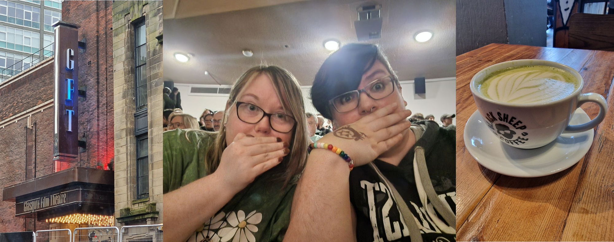 Photo of the front of the GFT building, all lit up; a picture of two nerdy cinephiles in Screen 1; a photo of a warm matcha latte from Black Sheep.