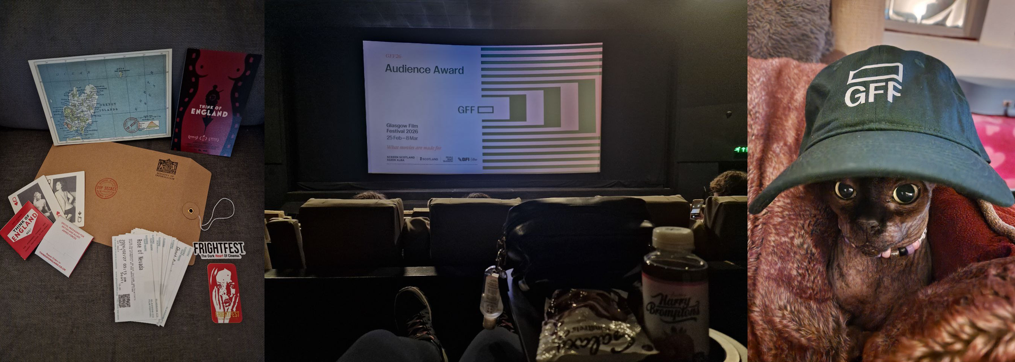 A photo of my pile of ticket stubs, Frightfest stickers and promo items including postcards, risqué playing cards and "Think of England" condoms. Photo of my leggies at Odeon Luxe reclined before a show with my Minstrels chocolate and Mixed Berry tea; Photo of my Sphynx Noodle in the GFF baseball cap.