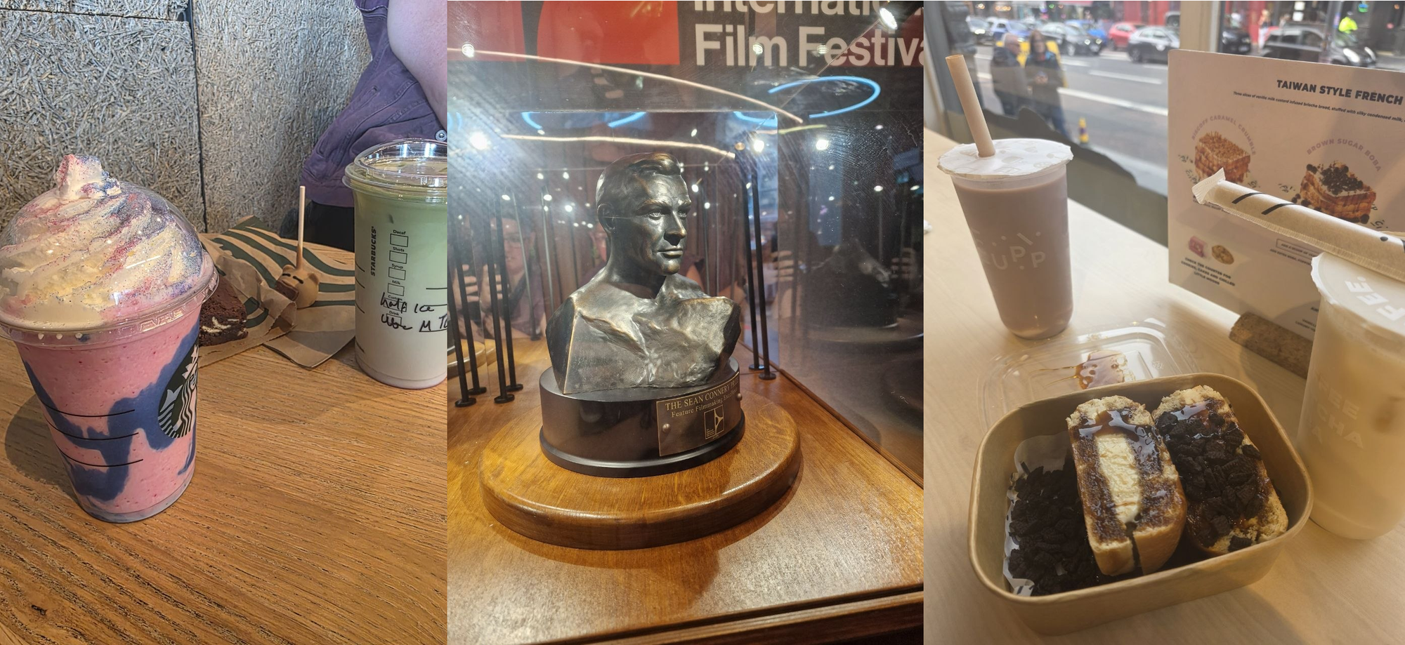 A Unicorn Frappe & Iced Ube Matcha Latte from Cineworld; The Sean Connery Award in a display case: brass modelled from clay, it is the man himself emerging from a cliffside; Boba Ice cream sandwich with Taro Milk Tea & Vanilla Mochi Tea from Cupp.