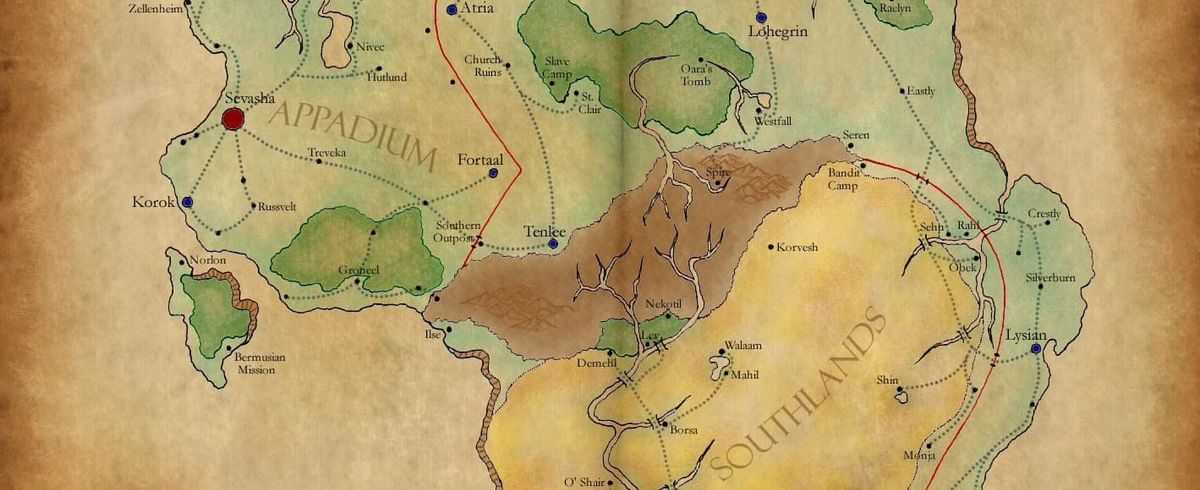 Section of the FFTP map of Pralia, made up of Imperium (verdant northern highland Capital), Appadium (wooded western port town & island) & the Southlands (desert with delta & a great river).
