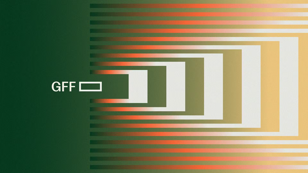 Logo of GFF and a rectangular box sit white on a green background centre left on the screen, box-like orange-white waves expand across the screen to the right.