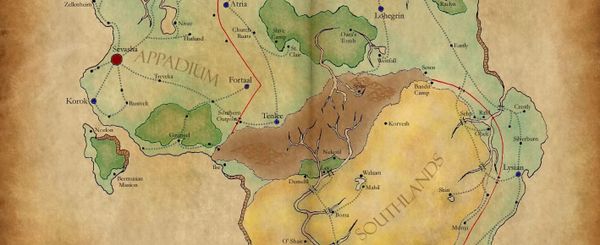 Section of the FFTP map of Pralia, made up of Imperium (verdant northern highland Capital), Appadium (wooded western port town & island) & the Southlands (desert with delta & a great river).