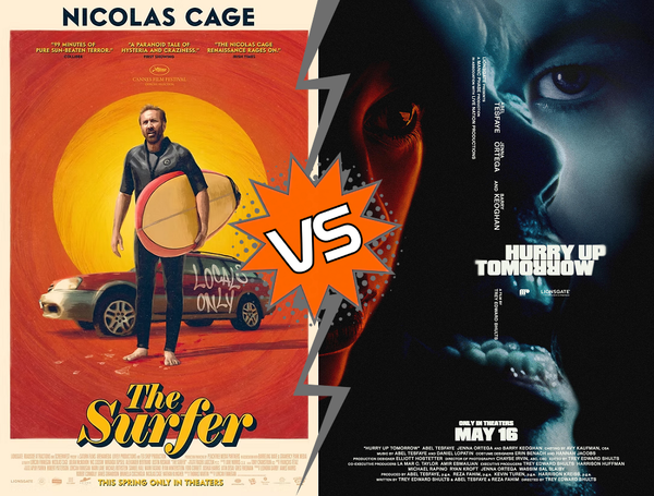 Nicholas Cage clutches surfboard, a car with "Locals Only" graffiti behind. Darkened photo portraits of Abel screaming/singing framed by red Anima & blue Lee. Dived by Versus lightning bolt.