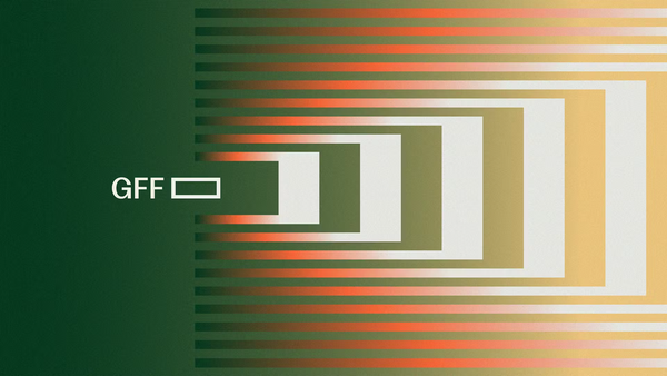 Logo of GFF and a rectangular box sit white on a green background centre left on the screen, box-like orange-white waves expand across the screen to the right.
