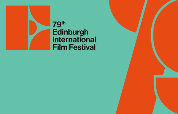 Banner of EIFF, it is bright orange and black writing on a turquoise background. Top left is 'E' logo & "79th Edinburgh International Film Festival", stylised '79' takes up righthand side.