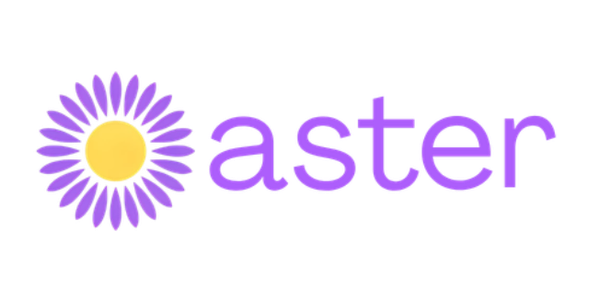 The Aster logo. A stylised yellow and purple aster flower and the word aster written out