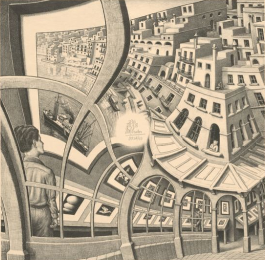 A black and white lithograph featuring a distortion of perspective. A young man stands in a gallery looking at a print of a seaside town; the buildings in the picture warp and expand as they curve around the frame, seamlessly becoming the roof and walls of the very gallery the man is standing in, creating a paradoxical, infinite loop.