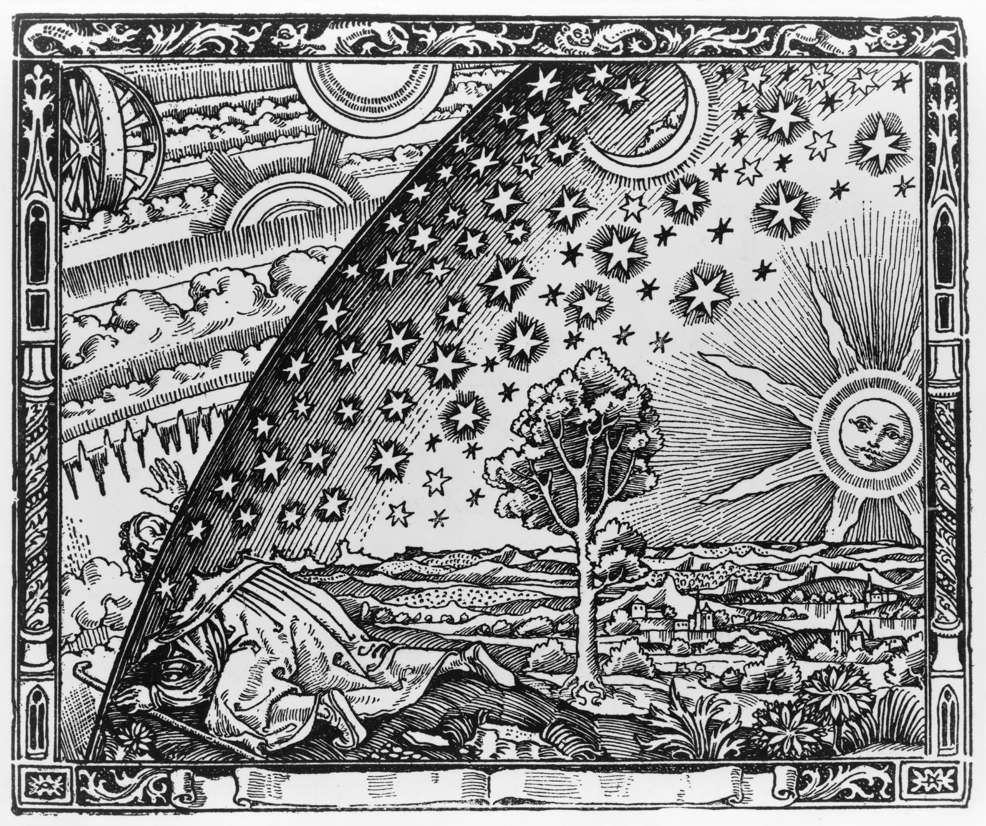A man in medieval robes crawls to the edge of the world and pokes his head through the firmament to see the machinery behind the sky.