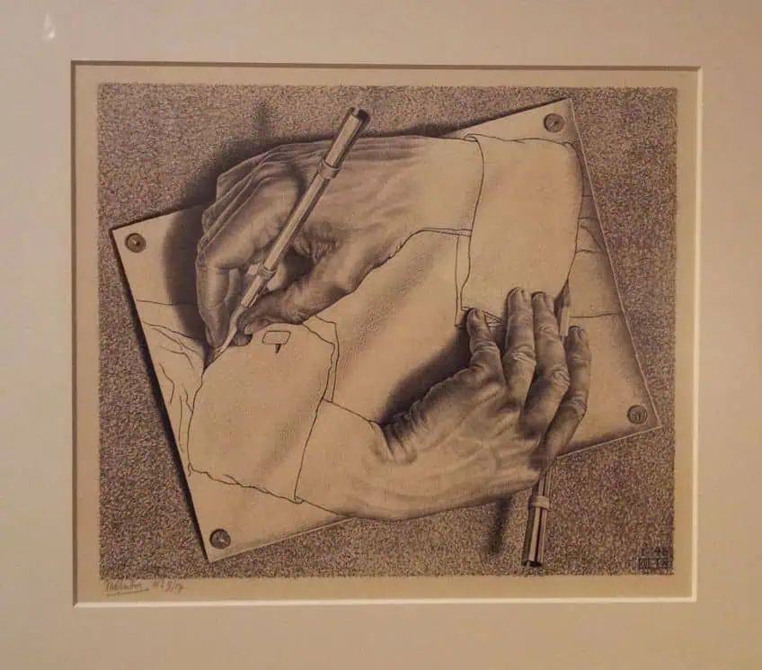 A lithograph showing two realistic hands emerging from a flat piece of paper, each holding a pencil and drawing the other's cuff, creating an impossible infinite loop of creation.