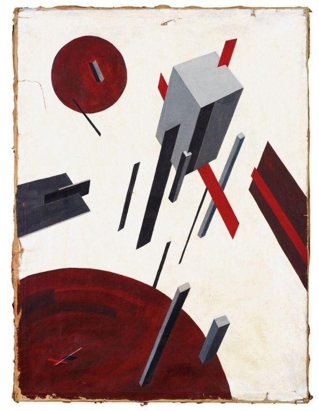 An abstract geometric composition from El Lissitzky's *Proun* series. The image features floating three-dimensional geometric forms, intersecting planes, and thin lines balanced in a zero-gravity space, rendered in shades of beige, black, and red, illustrating the tension and interaction of pure structural elements.
