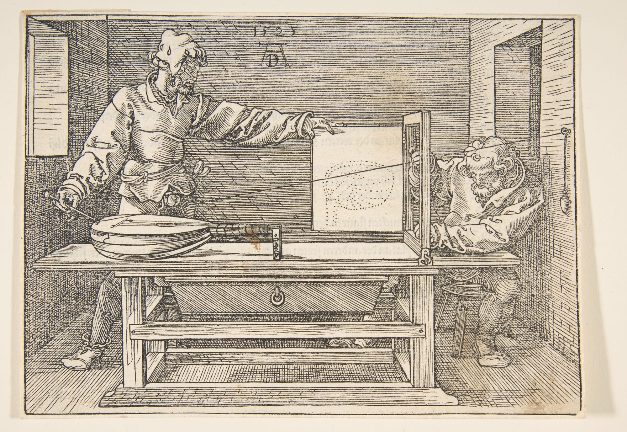 A detailed woodcut showing two men using a mechanical perspective apparatus, consisting of a taut string, a wooden frame, and a hinged drawing board, to systematically plot the exact geometric dimensions of a lute.