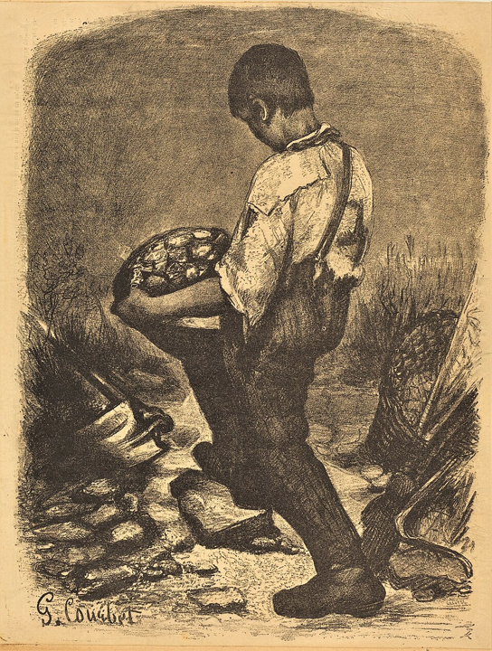 A stark black and white print depicting a young peasant laborer viewed from behind, wearing torn clothing and straining to lift a heavy woven basket of broken rocks onto his knee.