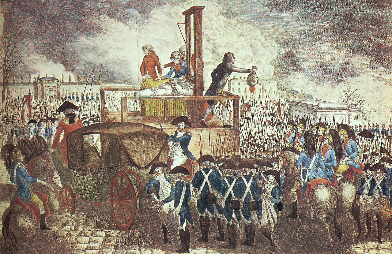 A historical colorized engraving depicting the execution of the French King. An executioner stands on a raised wooden scaffold holding a severed head beside a guillotine, surrounded by a massive, orderly crowd of armed soldiers and officials.