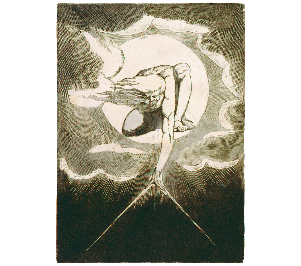 A muscular, bearded figure crouches within a glowing celestial sphere, reaching down into a dark void to measure it with a massive, rigid geometric compass.