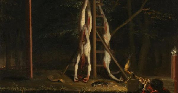 A 17th-century oil painting showing the mutilated, naked bodies of Johan and Cornelis De Witt hanging upside down from a scaffold against a dark background.