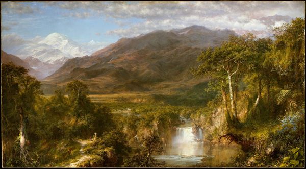 Panoramic landscape painting. Dense tropical jungle foreground. Central winding river. Vast receding valley. Distant snow-capped Andes mountains.