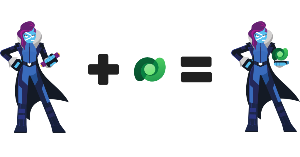 This picture depicts an equation. The first figure is showing PowerShell Hero, then a plus sign, then the logo of Microsoft Dataverse, then an equal sign and the result of the equation is PowerShell hero with logo of Dataverse hovering over her palm.