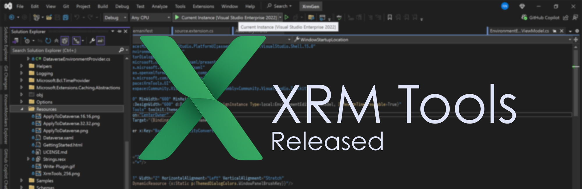 Screenshot of XRM Tools source code showcasing the first stable release