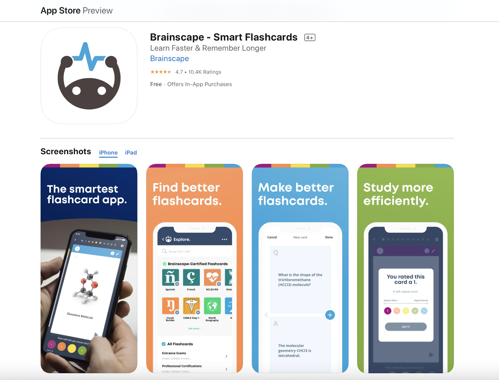 Brainscape smart flashcard app App Store screenshot