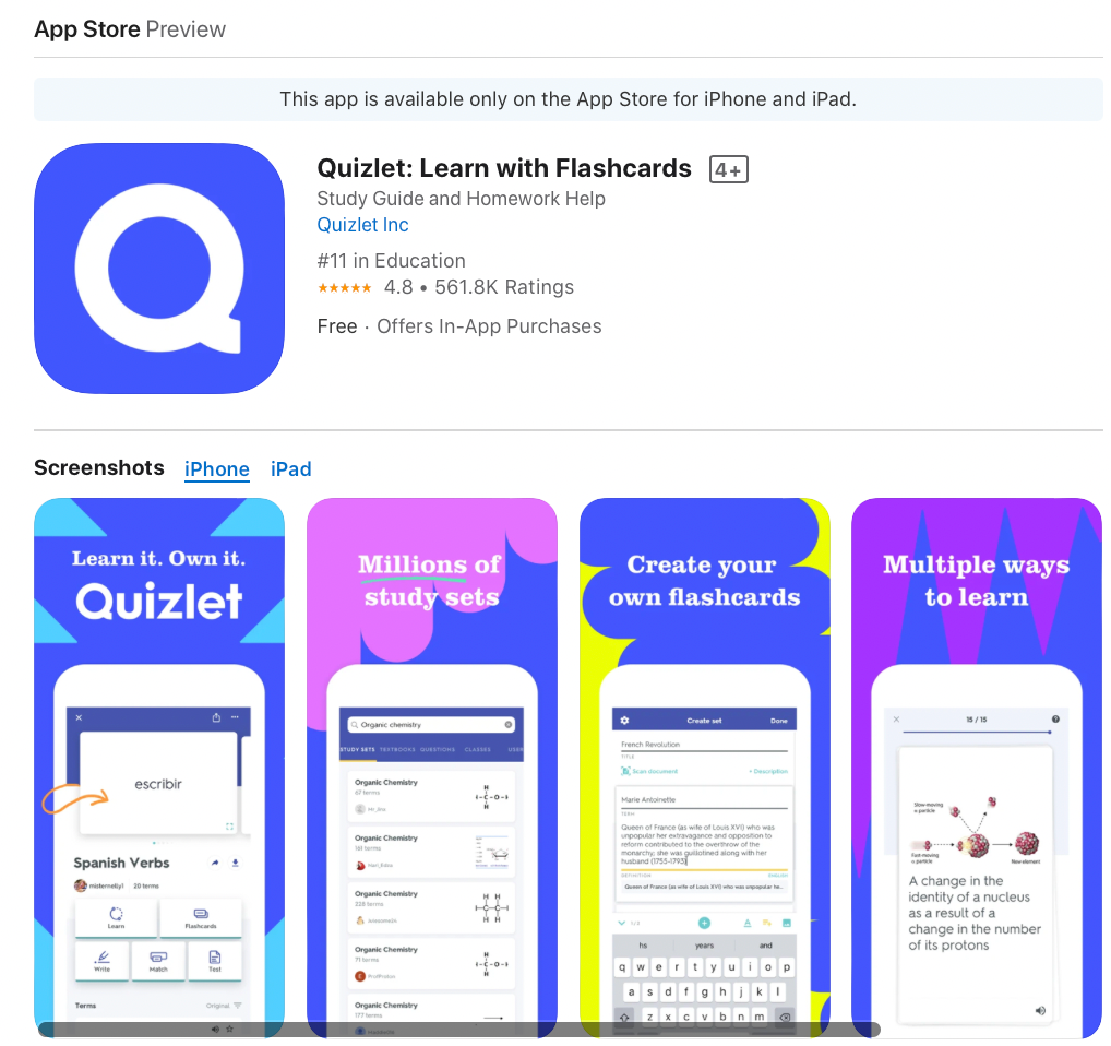 Quizlet flashcard app for medical students App Store screenshot