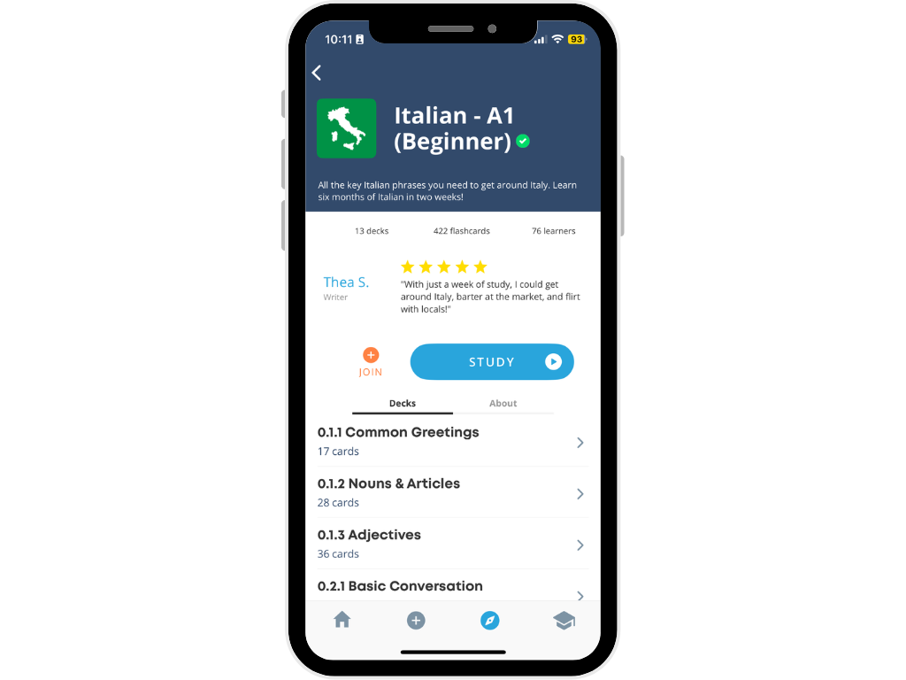 Brainscape Italian flashcards mobile dashboard Brainscape Italian flashcards mobile dashboard