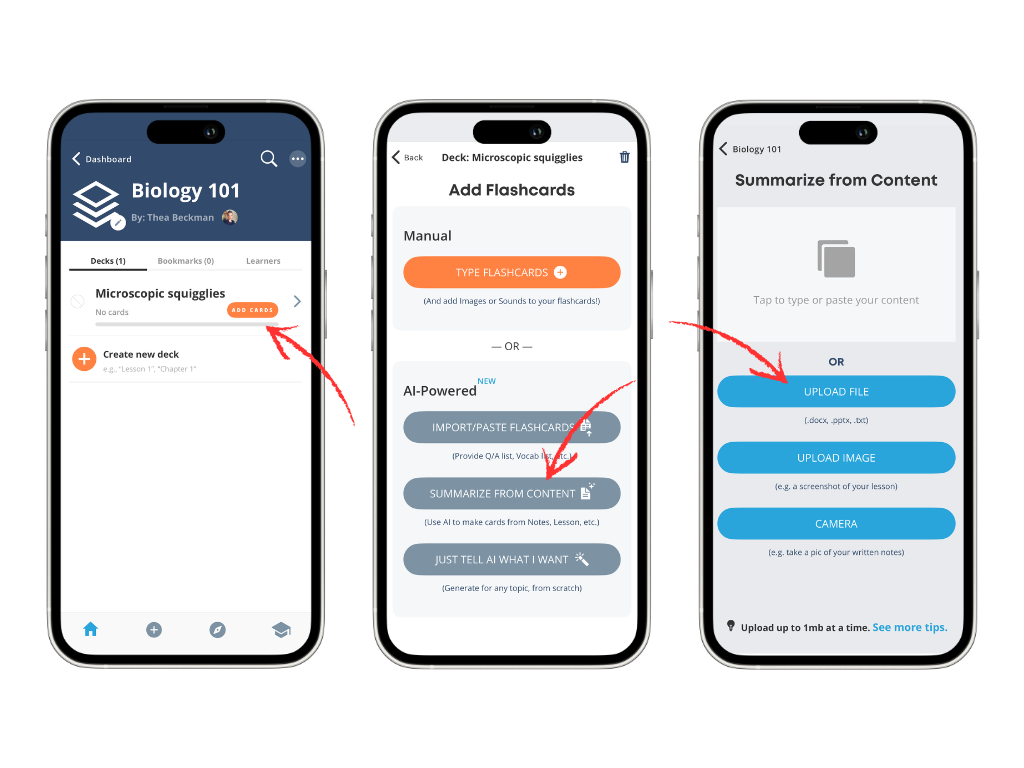 App screenshots showing how to convert Word to flashcards on Brainscape mobile