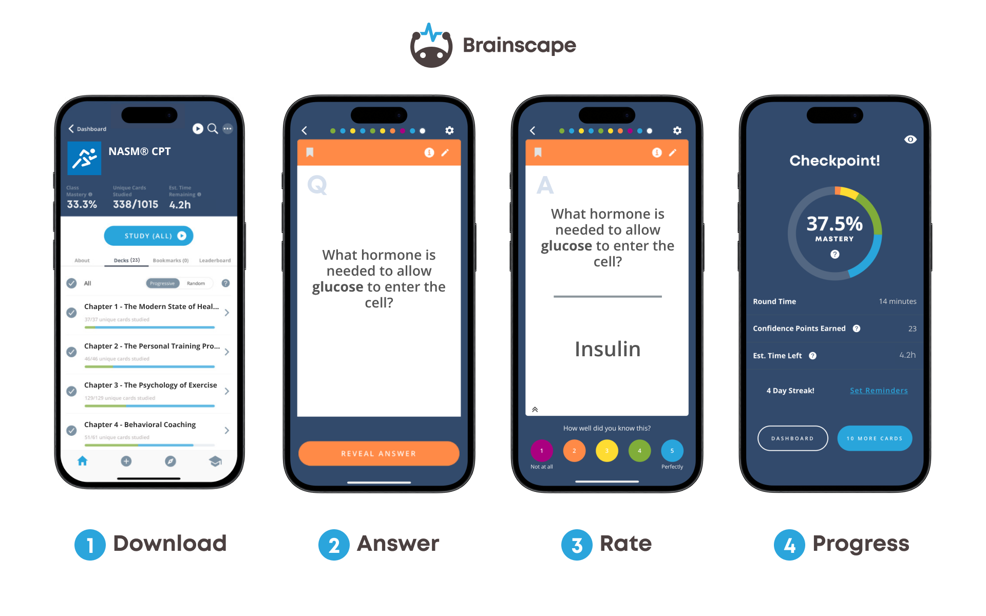 Example of a flashcard question-and-answer pair in Brainscape's NASM CPT study app
