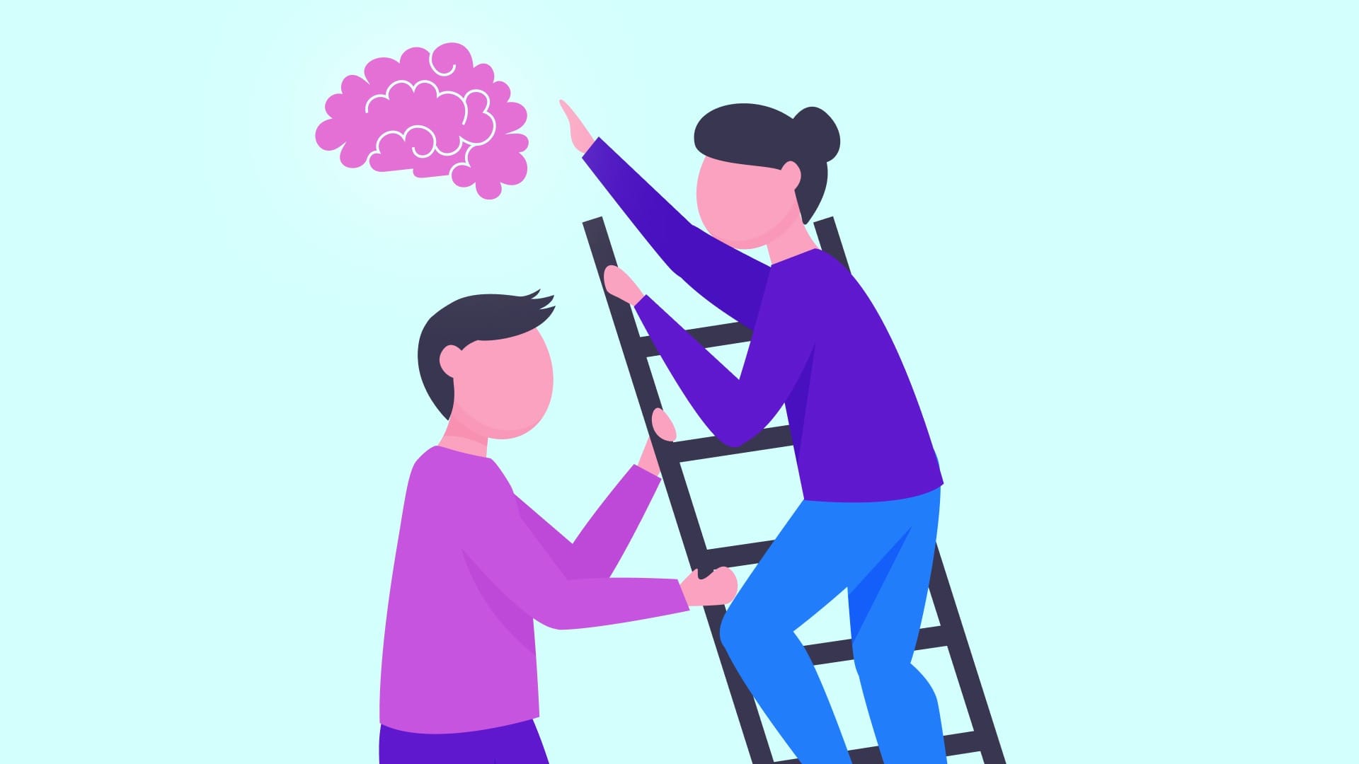 Teacher helping student ascend a ladder towards enlightenment