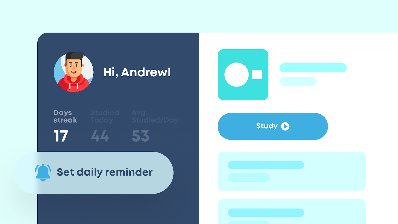 Brainscape app offers instant feedback and short, frequent study sessions Flashcard app dashboard showing daily reminders and study streak features.