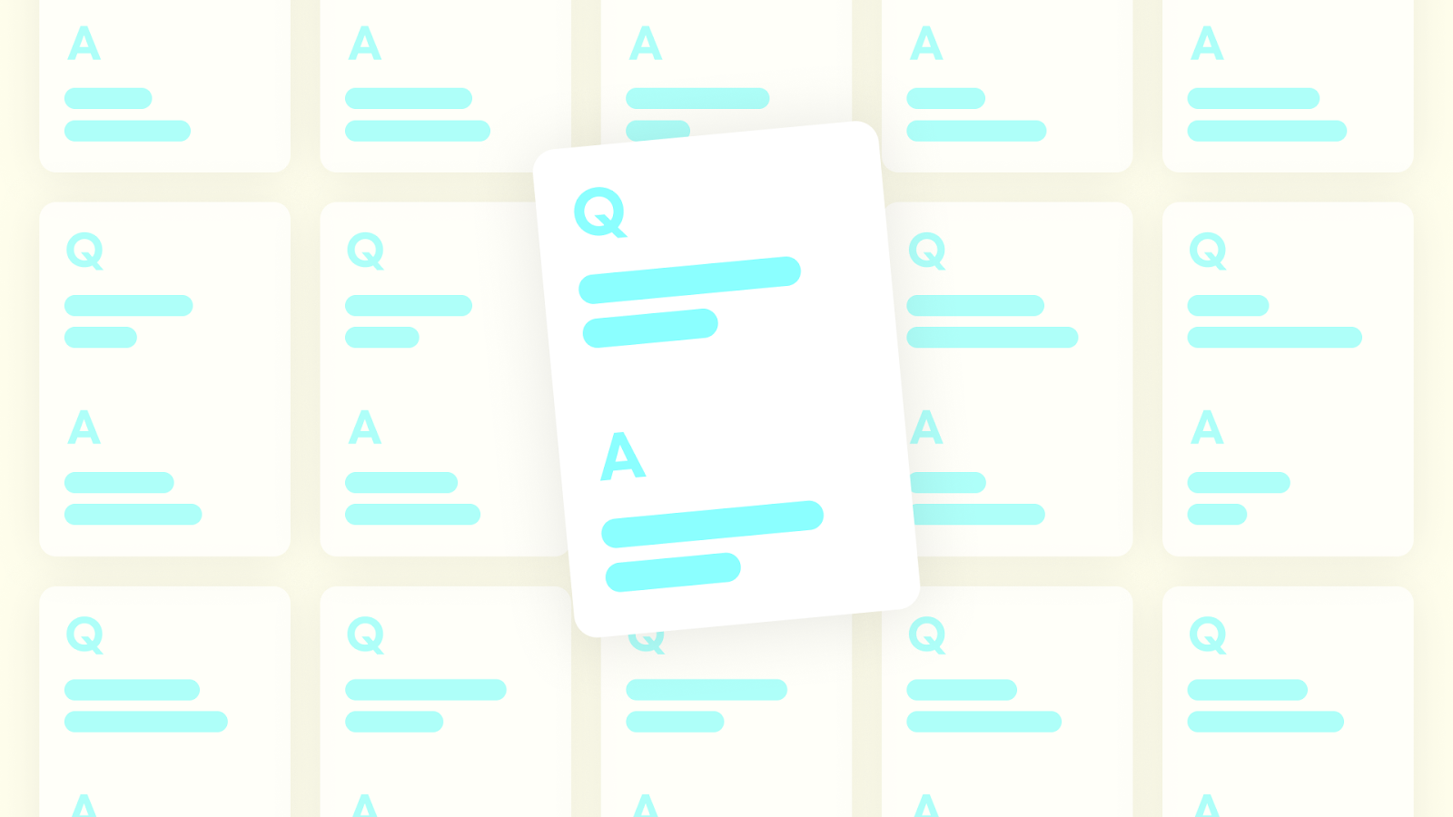 Screen filled with digital flashcards showing questions and answers