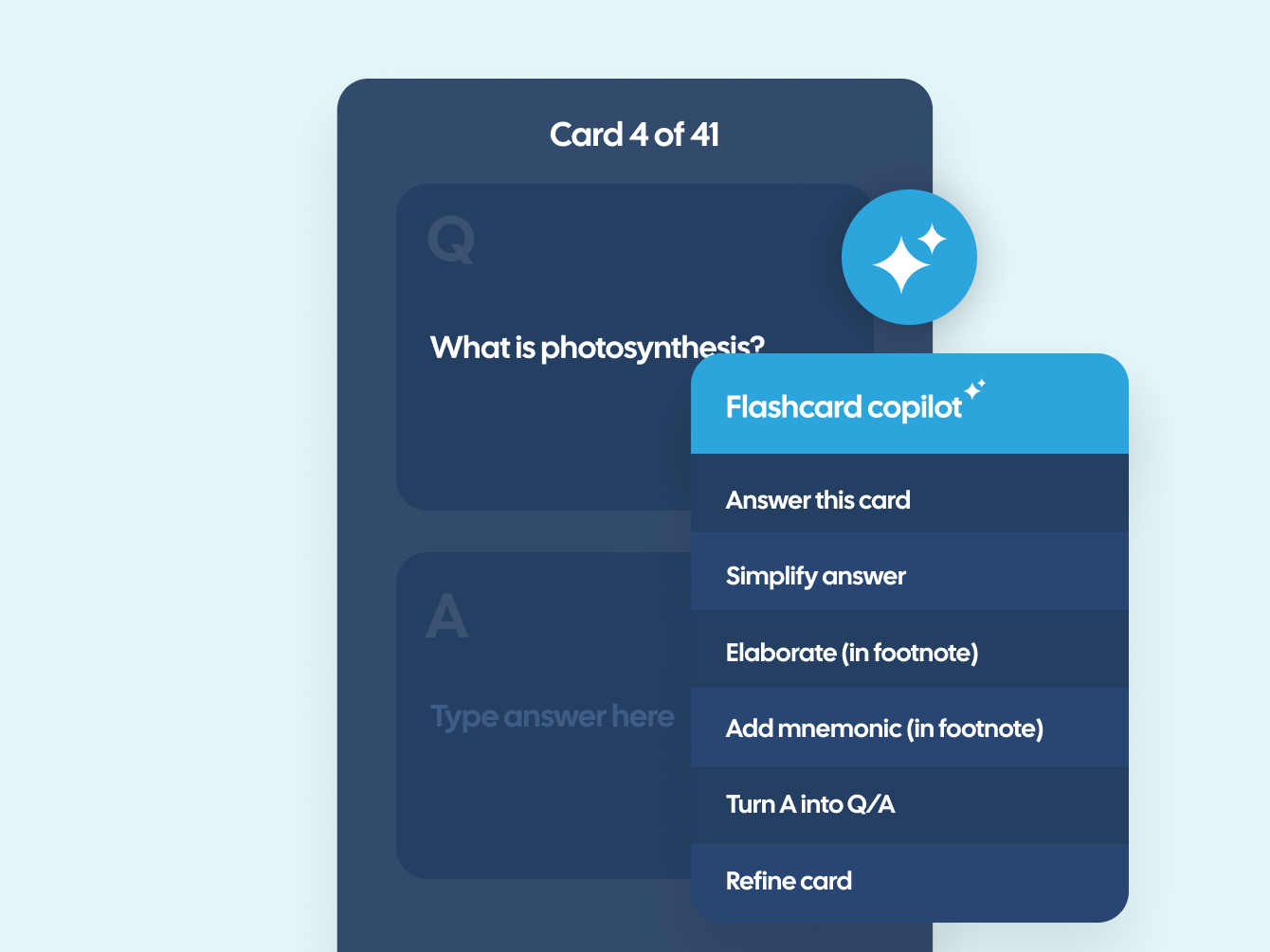 Brainscape's flashcard Copilot drop-down menu showing individual card tasks