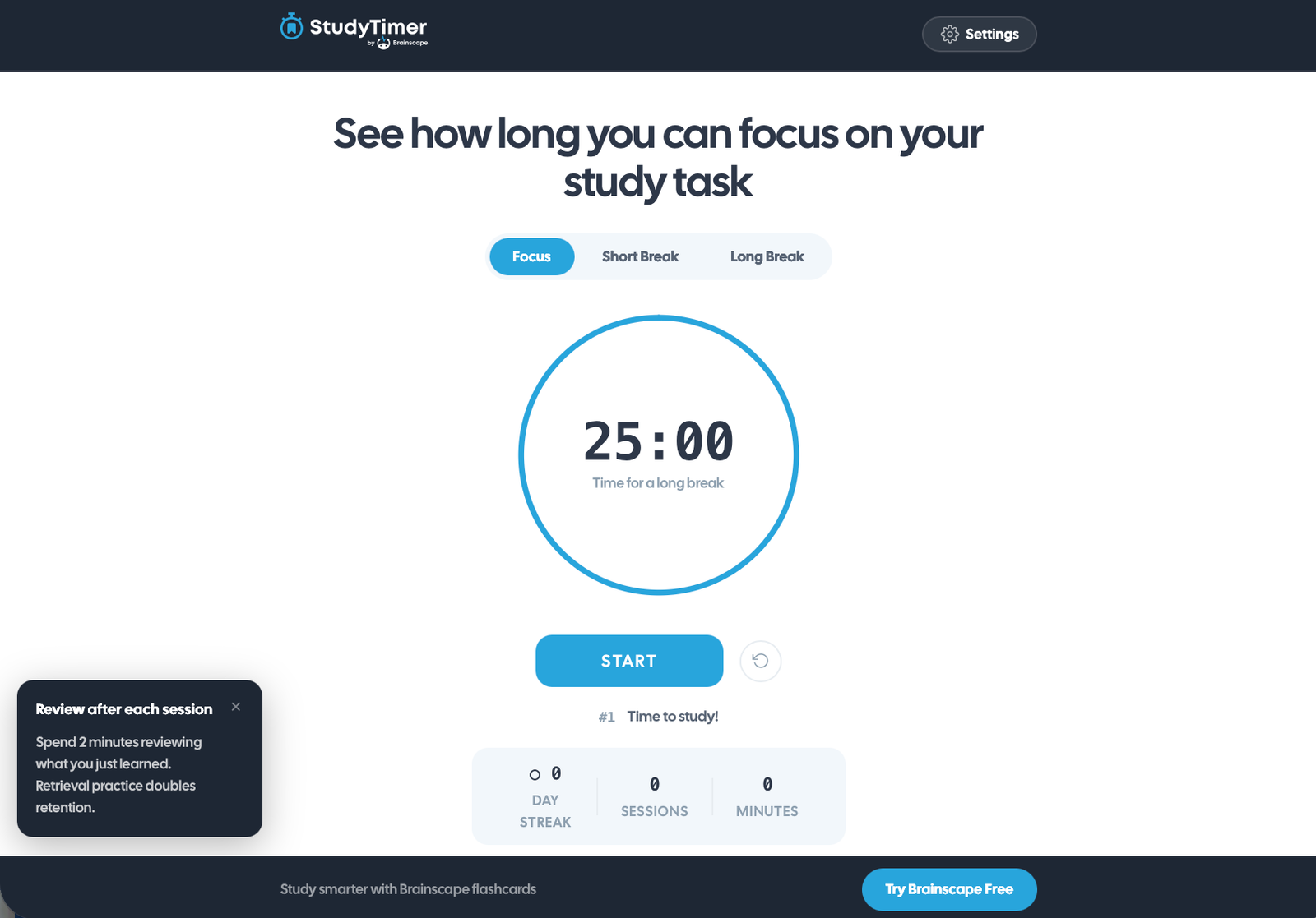 Brainscape Pomodoro Technique Style Study Timer