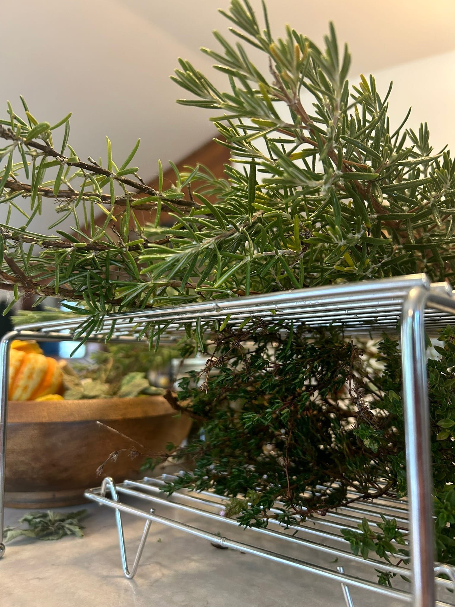 Photo of rosemary and thyme on a silver drying rack