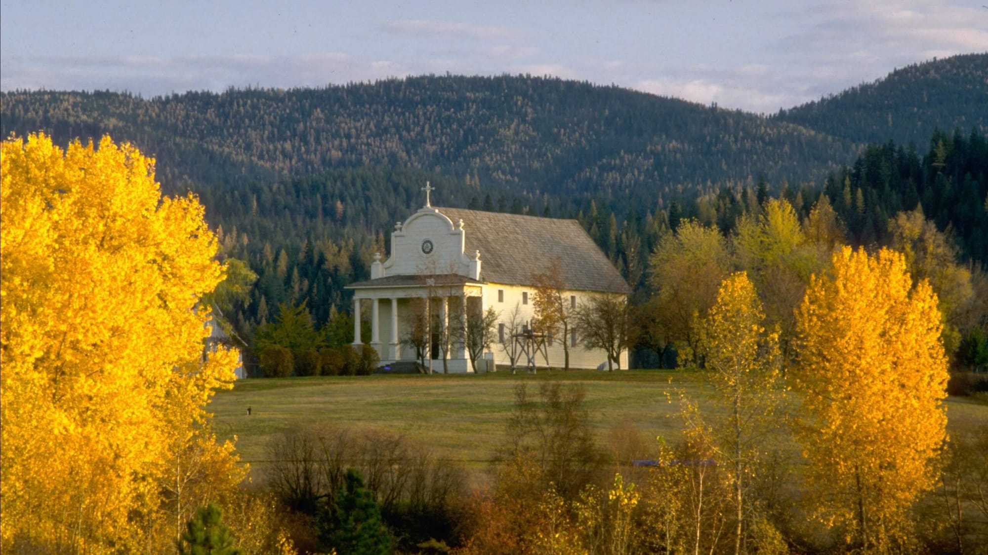 The Cataldo Mission can be seen from the Whiteman mill log yard.