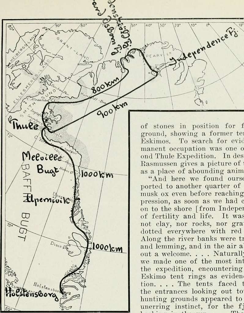  Mappa di una parte della Groenlandia, sulla quale Rasmussen tracciò nel 1916 la rotta prevista per raggiungere la Terra di Peary attraverso la calotta glaciale interna. La spedizione fu ritardata fino al 1917, quando una partenza anticipata in aprile permise di seguire la rotta del ghiaccio marino. 