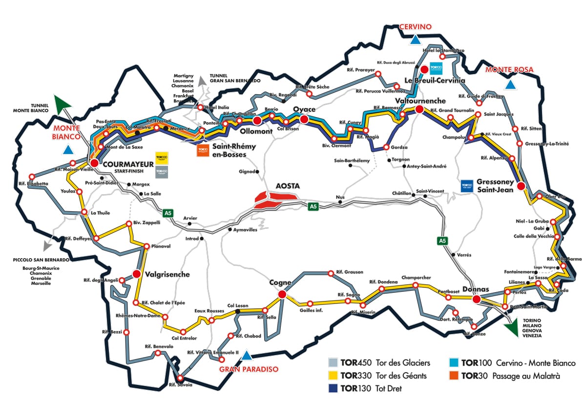 Mappa completa del circuito TorX: il tracciato di 330 km del Tor des Géants che attraversa l'intera Valle d'Aosta ai piedi dei massicci più alti d'Europa.