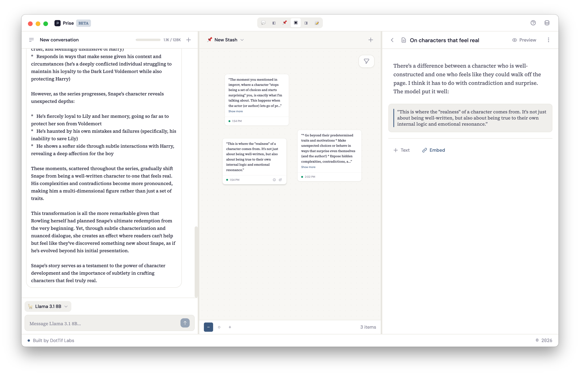 Prise's draft panel showing a document titled 'On characters that feel real' with a text block followed by an embedded snippet rendered as an indented blockquote with an amber left border