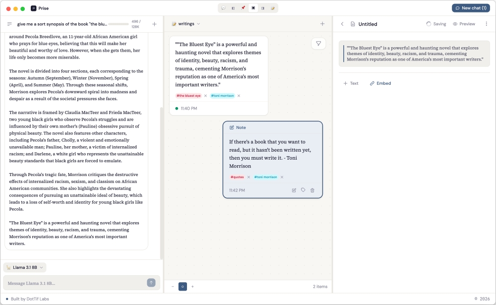 Prise desktop app showing three panels side by side: a conversation with Llama 3.1 on the left, a spatial canvas with scattered snippet cards and notes in the middle, and a draft document on the right