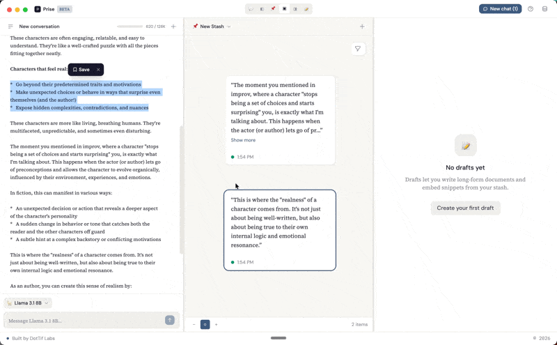 Animated recording of a user selecting text in a chat response, triggering a Save tooltip, and clicking it to send the snippet to the spatial canvas