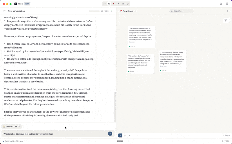 Animated recording of a user selecting text in a chat response, triggering a Save tooltip, and clicking it to send the snippet to the spatial canvas