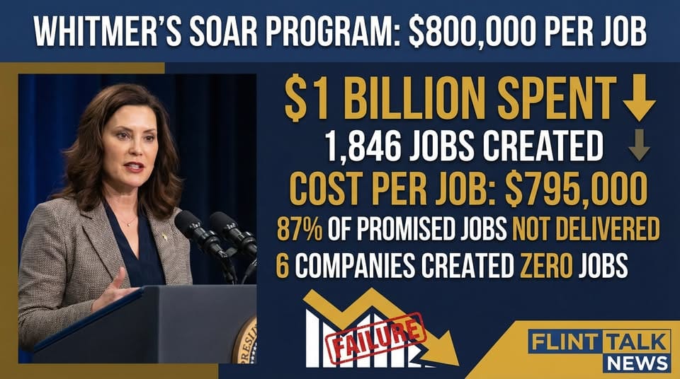 Whitmer's Corporate Welfare Fund Costs Michigan Taxpayers Nearly $800,000 Per Job—SOAR Program Exposed as Massive Failure